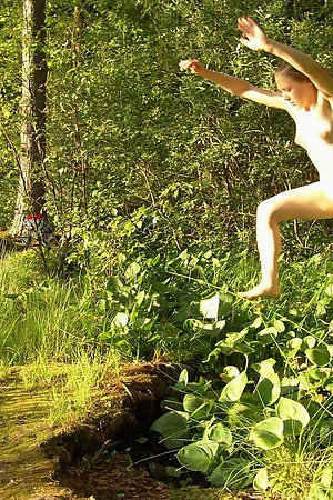 Shy nude virgins in a forest escaping on the trees